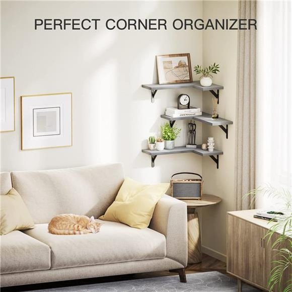 Corner Shelves Wall Mounted Set of 3, Rustic Paulownia Wood Wall Shelves - Picture 3 of 6